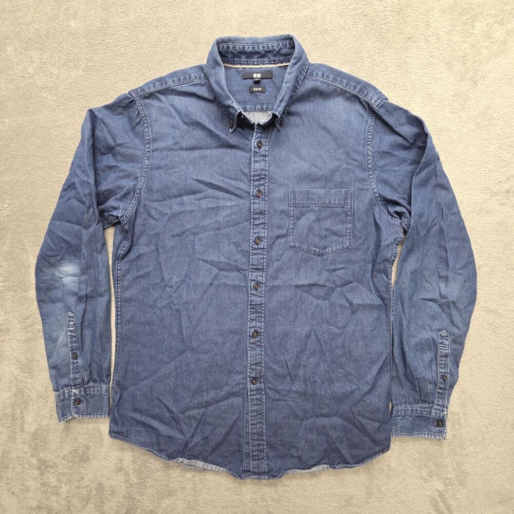 Uniqlo Shirt Mens L Blue Denim Button-Up Long Sleeve Slim Fit Pocket Casual